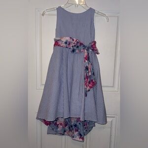 Girls 6X Rare Editions Blue Striped Dress with Pink Floral Sash